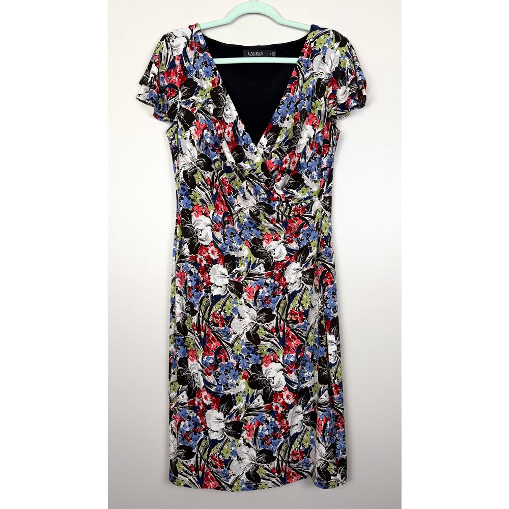Lauren Ralph Lauren Floral Dress Multicolor Size 10 Flutter-Sleeve Surplice